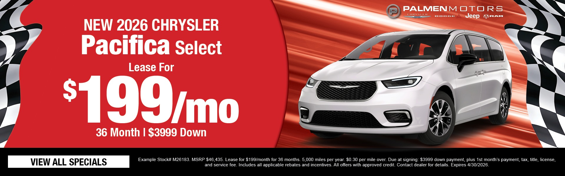 2026 Chrysler Pacifica Select Lease for $199 per month for 36 Months at Palmen Motors